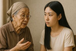 戦争の体験を語るご年配の女性と、真剣な表情で聞く20代女性