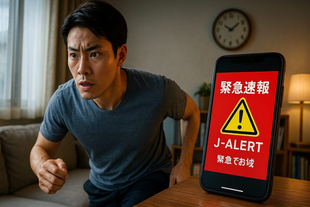 リビングで、男性がスマートフォンの「Jアラート」画面を見て驚き、身構えている。緊急事態の発生を伝えている。