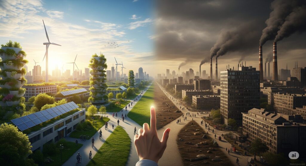 指で分けられた2つの都市風景。左は太陽光パネルと緑があるクリーンな未来、右は工場から煙が上がる汚染された未来。