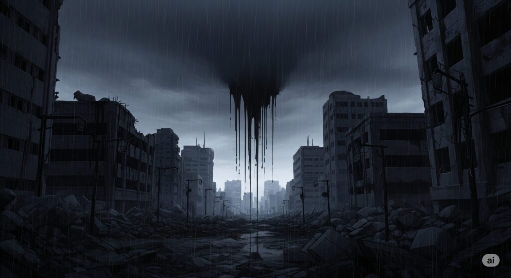 雨が降りしきる中、廃墟となった高層ビルが立ち並び、瓦礫が散乱している暗く陰鬱な都市の風景。