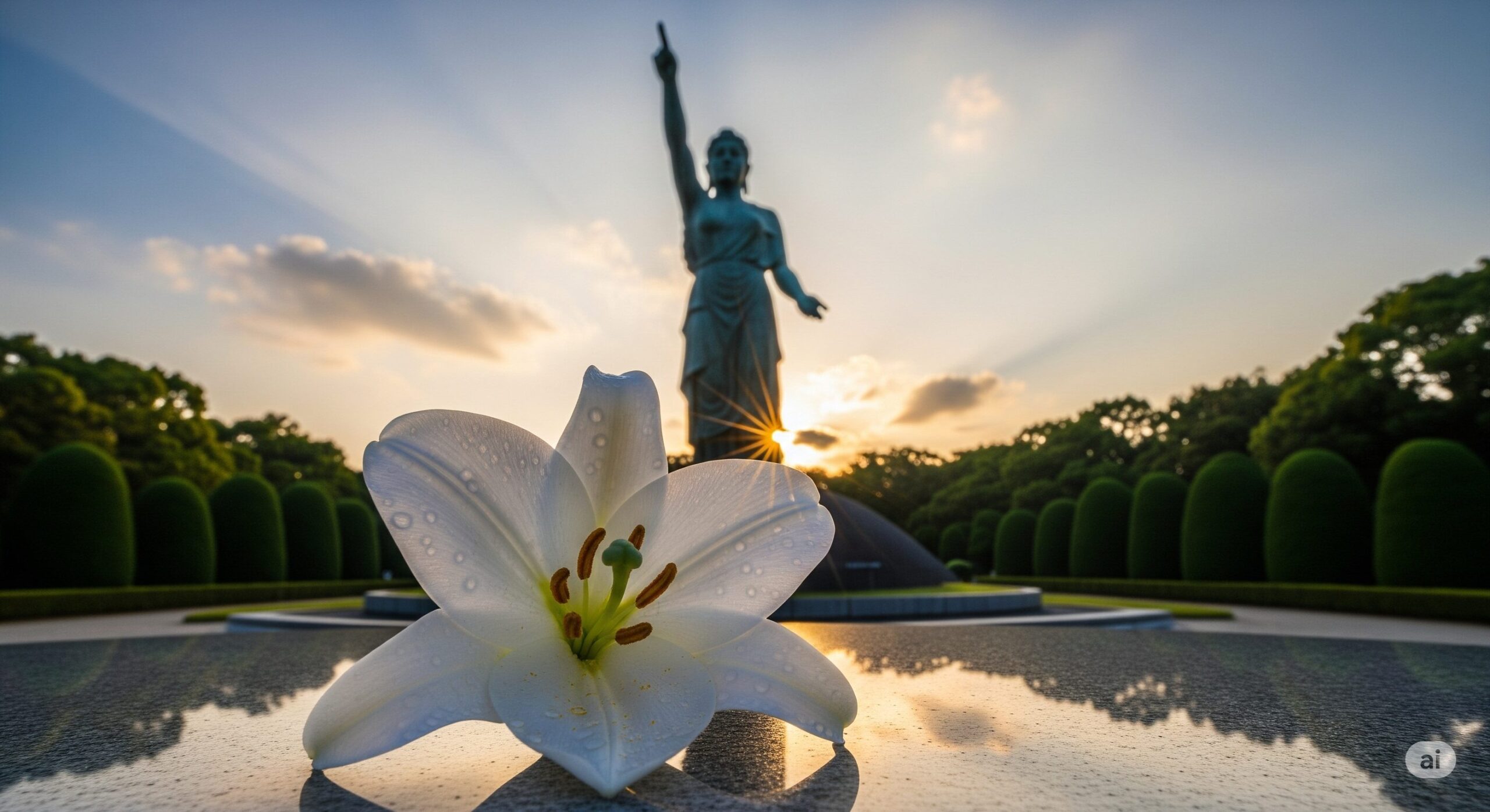 夕焼け空の下、指を天に向ける平和祈念像の後ろで、水面に映る白いユリの花が前景に置かれている。