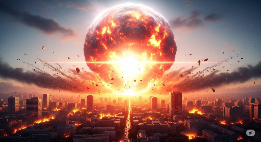 近代的な都市の上空で巨大な火球が爆発し、街が炎に包まれている、壊滅的な被害を描いたイラスト。