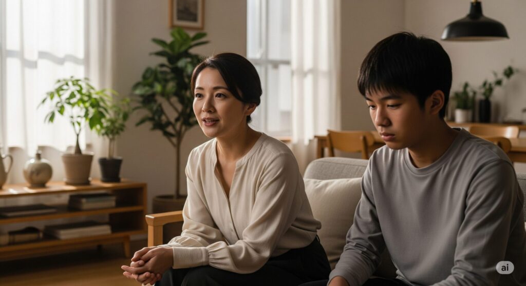 リビングのソファに座る母親と十代の息子。母親は話しているが、息子はうつむいている。思春期の親子間の真剣な会話の場面。