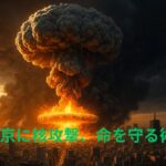 東京の上空で核爆発が起き、巨大なきのこ雲が立ち上っている。「東京に核攻撃、命を守る術」という緑色の文字が入っている。
