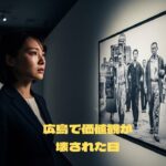 博物館で、スーツ姿の女性が被爆後の広島を写した白黒写真を涙を浮かべて見つめている。「広島で価値観が壊された日」という文字が入っている。