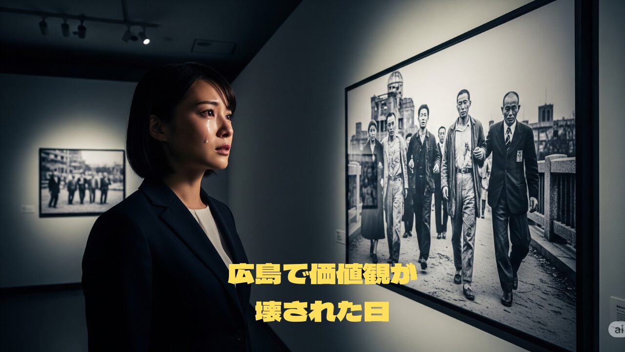 博物館で、スーツ姿の女性が被爆後の広島を写した白黒写真を涙を浮かべて見つめている。「広島で価値観が壊された日」という文字が入っている。