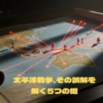 太平洋戦争の作戦地図。古い地図の上に、日本の軍事戦略を示すかのように赤い線が張り巡らされている。
