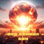 燃え盛る都市の上空で炸裂する巨大な核爆発、その下には「核攻撃、希望的観測の危険性」という赤い文字が浮かび上がっている