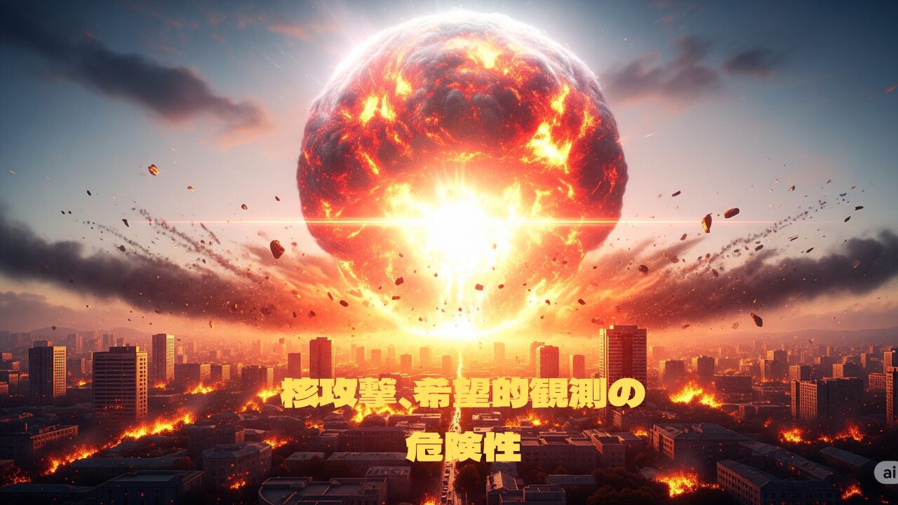 燃え盛る都市の上空で炸裂する巨大な核爆発、その下には「核攻撃、希望的観測の危険性」という赤い文字が浮かび上がっている