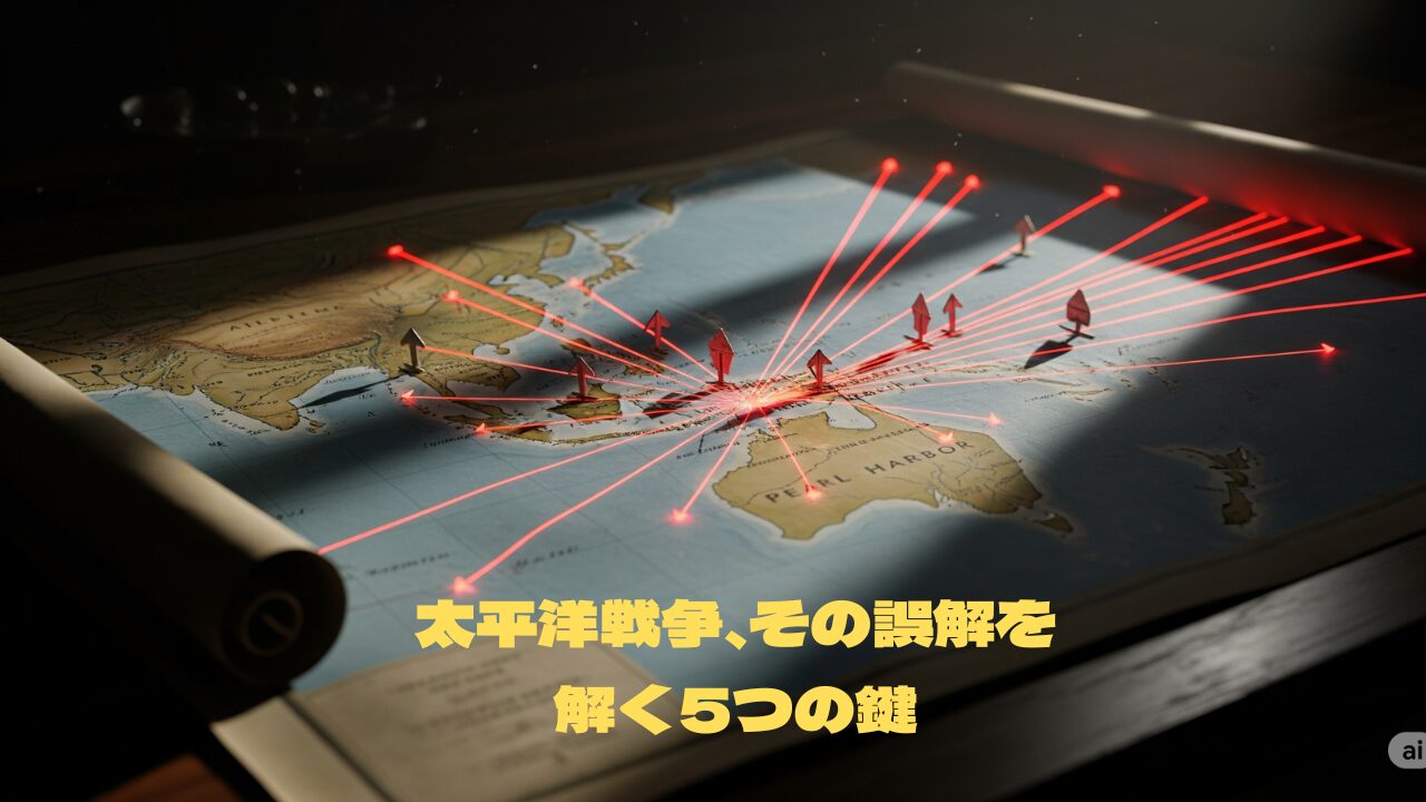 太平洋戦争の作戦地図。古い地図の上に、日本の軍事戦略を示すかのように赤い線が張り巡らされている。