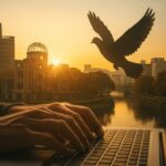 夕日を背景に原爆ドームと川、飛び立つ鳩、そしてノートパソコンのキーボードを打つ手の写真