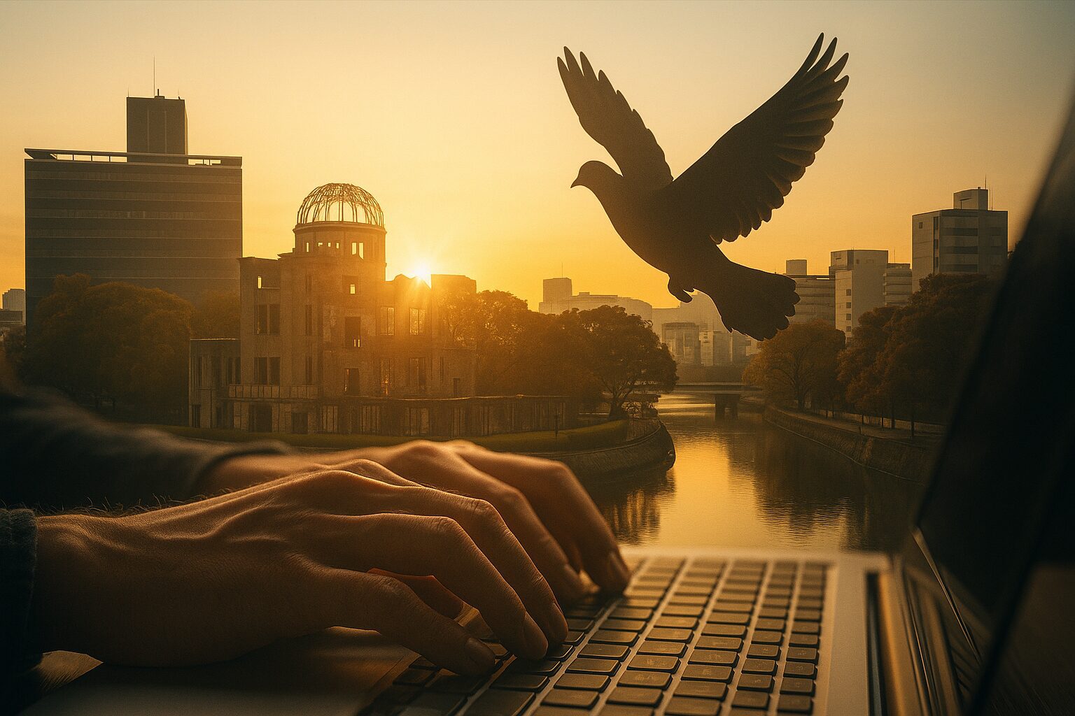 夕日を背景に原爆ドームと川、飛び立つ鳩、そしてノートパソコンのキーボードを打つ手の写真